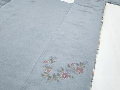 平和屋着物●極上　中国三大刺繍　スワトウ刺繍　総刺繍　訪問着　正倉院花唐草文　暈し染め　金糸　灰青色地　逸品　未使用　CYAA4797s6