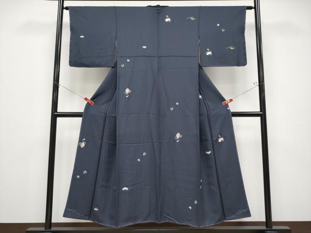 平和屋着物●極上　小紋　総刺繍　宝尽くし　金銀糸　青褐色地　反端付き　逸品　未使用　CYAA4798s6