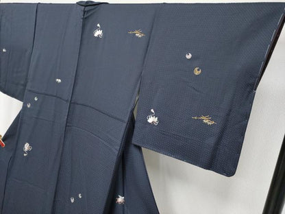 平和屋着物●極上　小紋　総刺繍　宝尽くし　金銀糸　青褐色地　反端付き　逸品　未使用　CYAA4798s6