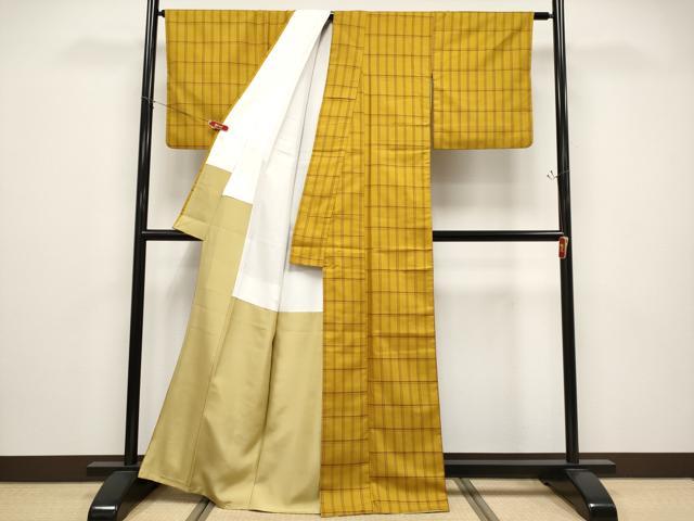 平和屋本店●極上　本場黄八丈　まるまなこ　紬　伝統工芸士　西條吉広　手織り　格子柄　証紙付き　逸品　CYAA4799s6