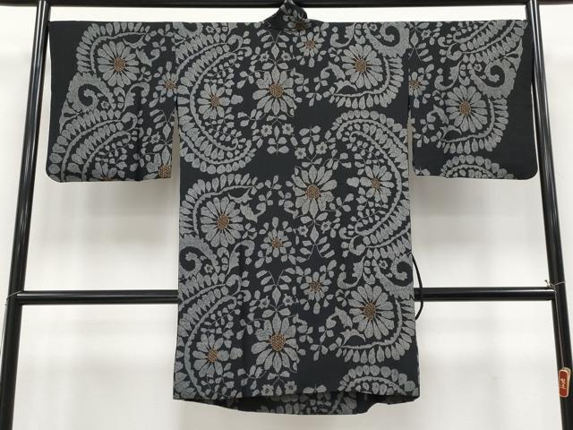 平和屋着物▽極上　スリーシーズン　春夏秋　塵除け　道中着　ロング丈　紗紬　花唐草文　黒地　逸品　CYAA4807s6