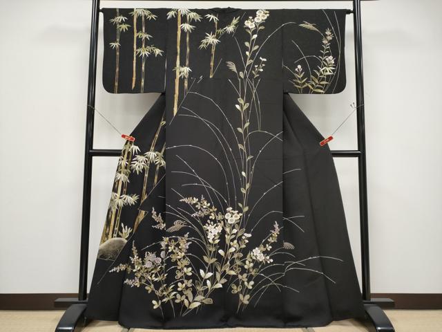 平和屋本店●極上　中国三大刺繍　相良刺繍　総刺繍　訪問着　枝花文　黒地　金糸　逸品　CYAA4821s6