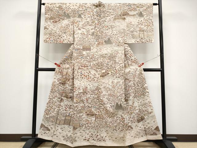 平和屋本店●極上　中国三大刺繍　相良刺繍　総刺繍　訪問着　ぜんまい紬　御所解文　肌色地　逸品　CYAA4838s6