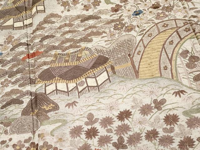 平和屋本店●極上　中国三大刺繍　相良刺繍　総刺繍　訪問着　ぜんまい紬　御所解文　肌色地　逸品　CYAA4838s6