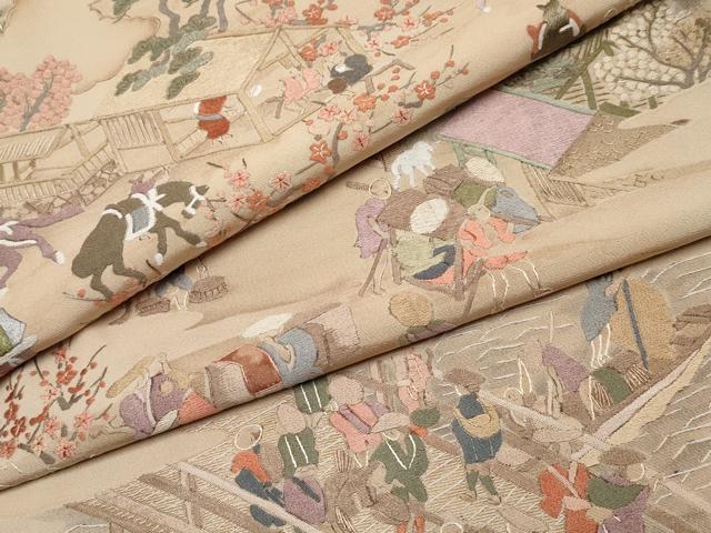 平和屋着物●極上　中国三大刺繍　相良刺繍　総刺繍　訪問着　人物風景文　肌色地　逸品　CYAA4840s6