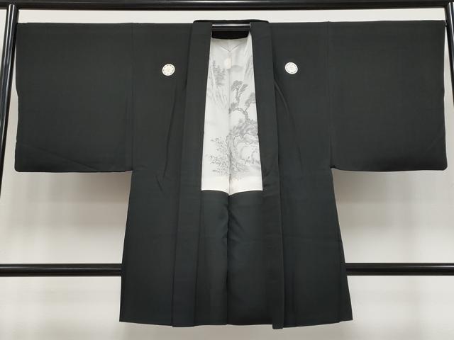 平和屋着物●極上　男性　黒紋付　羽織・長襦袢セット　羽裏：風景文　長襦袢：空五倍子色地　逸品　CYAA4846s6