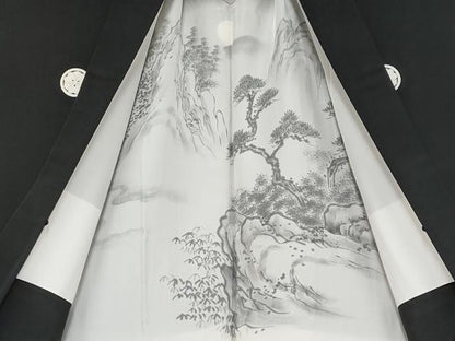 平和屋着物●極上　男性　黒紋付　羽織・長襦袢セット　羽裏：風景文　長襦袢：空五倍子色地　逸品　CYAA4846s6