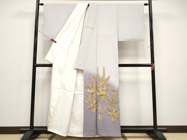 平和屋本店●極上　十七代京屋林蔵　色留袖　駒刺繍　松葉文　暈し染め　金銀糸　牡丹鼠色地　共箱付き　逸品　未使用　CYAA4847s6