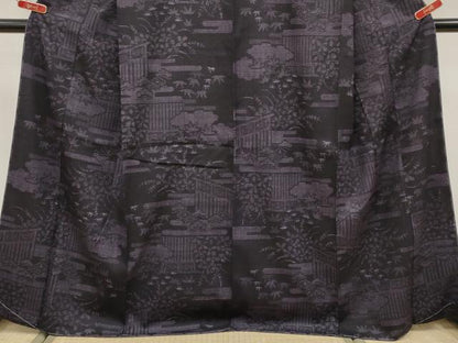平和屋着物●極上　本場結城紬　重要無形文化財　80亀甲　エ霞枝花文　紫黒色地　証紙付き　逸品　未使用　CYAA4852s6