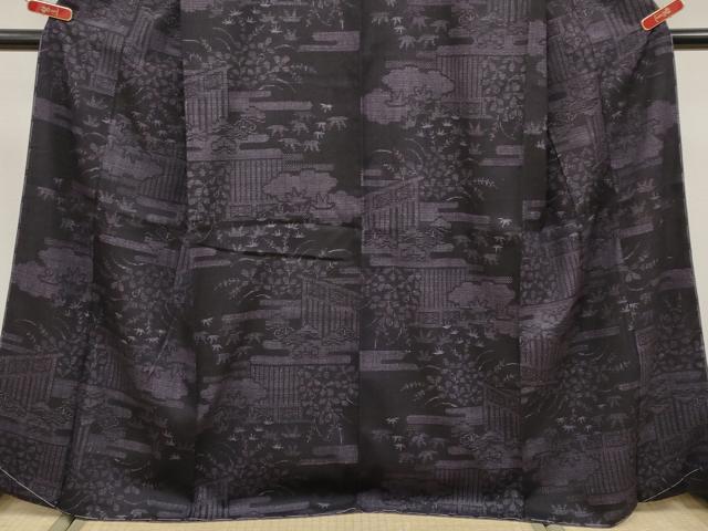 平和屋着物●極上　本場結城紬　重要無形文化財　80亀甲　エ霞枝花文　紫黒色地　証紙付き　逸品　未使用　CYAA4852s6