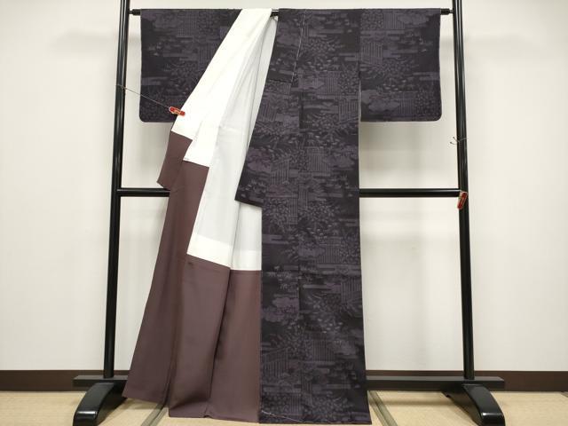 平和屋着物●極上　本場結城紬　重要無形文化財　80亀甲　エ霞枝花文　紫黒色地　証紙付き　逸品　未使用　CYAA4852s6