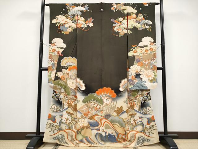 平和屋本店●極上　アンティーク　大正ロマン　振袖　駒刺繍　立波御所車枝花文　暈し染め　黒地　金彩　逸品　CYAA4862s6