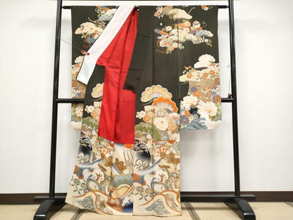 平和屋本店●極上　アンティーク　大正ロマン　振袖　駒刺繍　立波御所車枝花文　暈し染め　黒地　金彩　逸品　CYAA4862s6