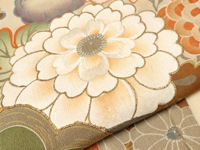 平和屋本店●極上　アンティーク　大正ロマン　振袖　駒刺繍　立波御所車枝花文　暈し染め　黒地　金彩　逸品　CYAA4862s6