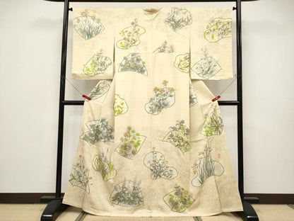 平和屋本店●極上　友禅作家　大槻純　訪問着　草花文　金銀彩　蜂蜜色地　さが美扱い　逸品　未使用　CYAA4865s6