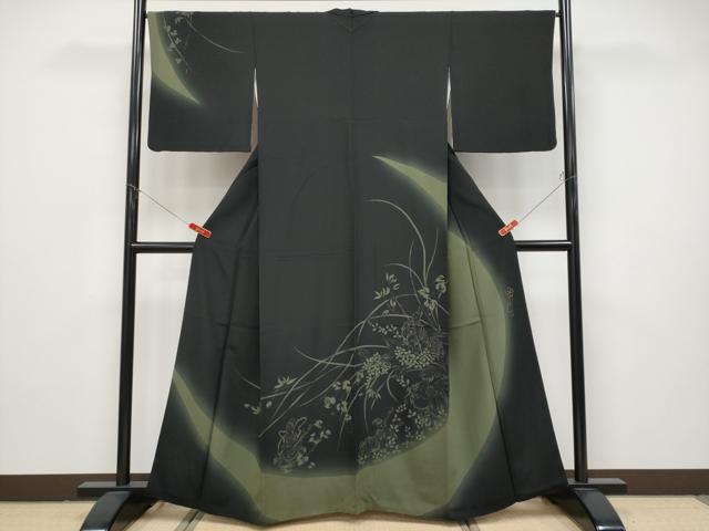 平和屋本店●極上　世界的人形師　辻村寿三郎　ジュサブロー　訪問着　刺繍　七福神　暈し染め　黒地　逸品　CYAA4866s6