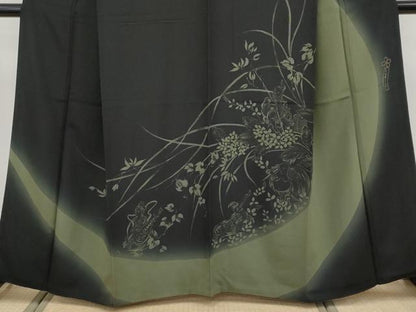 平和屋本店●極上　世界的人形師　辻村寿三郎　ジュサブロー　訪問着　刺繍　七福神　暈し染め　黒地　逸品　CYAA4866s6