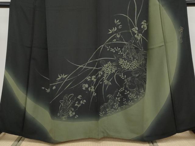 平和屋本店●極上　世界的人形師　辻村寿三郎　ジュサブロー　訪問着　刺繍　七福神　暈し染め　黒地　逸品　CYAA4866s6