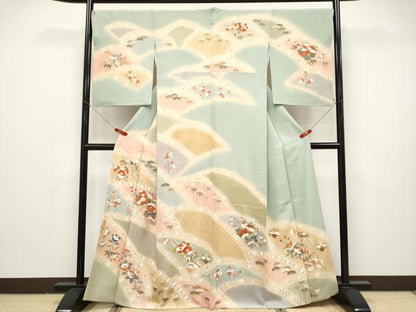 平和屋本店●極上　創業460年・千總　訪問着　駒刺繍　枝花文　暈し染め　金彩　柳鼠色地　逸品　CYAA4867s6