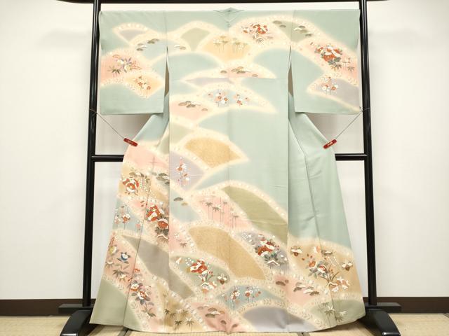 平和屋本店●極上　創業460年・千總　訪問着　駒刺繍　枝花文　暈し染め　金彩　柳鼠色地　逸品　CYAA4867s6