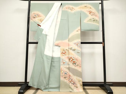 平和屋本店●極上　創業460年・千總　訪問着　駒刺繍　枝花文　暈し染め　金彩　柳鼠色地　逸品　CYAA4867s6