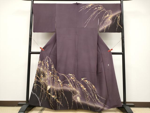 平和屋本店●極上　十日町　加賀草木友禅の第一人者　田村哲彦　訪問着　白鷺　暈し染め　似せ紫色地　逸品　CYAA4870s6