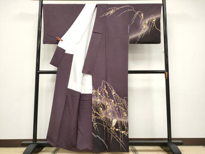 平和屋本店●極上　十日町　加賀草木友禅の第一人者　田村哲彦　訪問着　白鷺　暈し染め　似せ紫色地　逸品　CYAA4870s6
