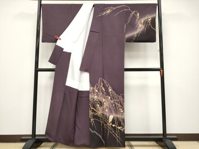 平和屋本店●極上　十日町　加賀草木友禅の第一人者　田村哲彦　訪問着　白鷺　暈し染め　似せ紫色地　逸品　CYAA4870s6