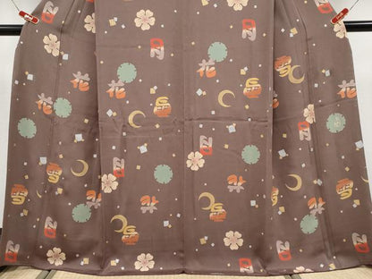 平和屋本店●極上　人形作家・ホリヒロシ　小紋　雪月花　金銀彩　鬼しぼ縮緬　煤竹色地　逸品　CYAA4876s6