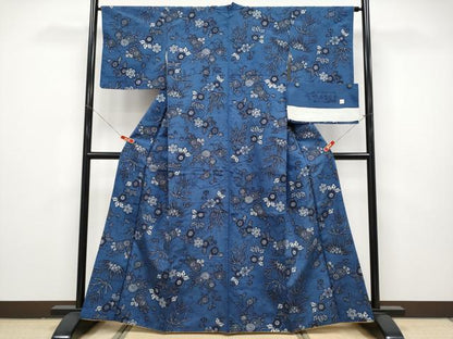 平和屋本店●極上　琉球藍型　紬　作家物　花唐草文　反端付き　逸品　CYAA4878s6