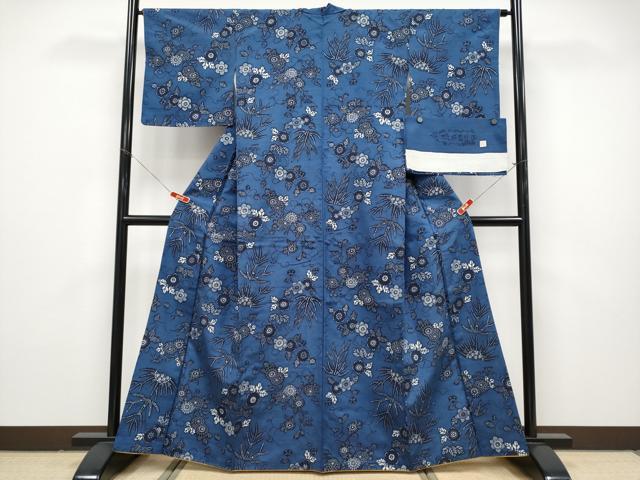 平和屋本店●極上　琉球藍型　紬　作家物　花唐草文　反端付き　逸品　CYAA4878s6