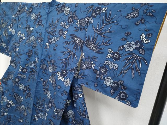 平和屋本店●極上　琉球藍型　紬　作家物　花唐草文　反端付き　逸品　CYAA4878s6