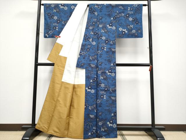 平和屋本店●極上　琉球藍型　紬　作家物　花唐草文　反端付き　逸品　CYAA4878s6
