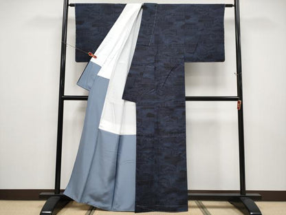 平和屋着物●極上　本場結城紬　重要無形文化財　100亀甲　風景松文　濃紺地　証紙付き　逸品　未使用　CYAA4892s6