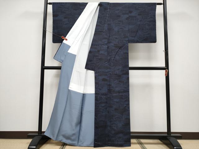 平和屋着物●極上　本場結城紬　重要無形文化財　100亀甲　風景松文　濃紺地　証紙付き　逸品　未使用　CYAA4892s6
