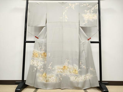 平和屋本店●極上　訪問着　駒刺繍　更紗花唐草文　暈し染め　金彩　茶鼠色地　逸品　CYAA4897s6