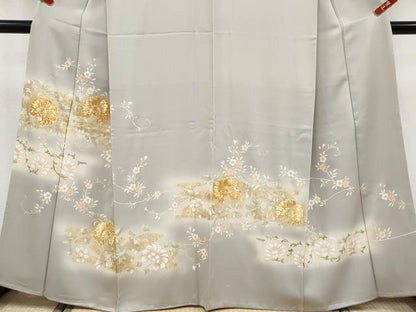 平和屋本店●極上　訪問着　駒刺繍　更紗花唐草文　暈し染め　金彩　茶鼠色地　逸品　CYAA4897s6