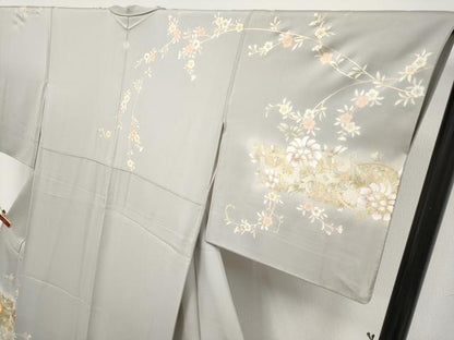 平和屋本店●極上　訪問着　駒刺繍　更紗花唐草文　暈し染め　金彩　茶鼠色地　逸品　CYAA4897s6