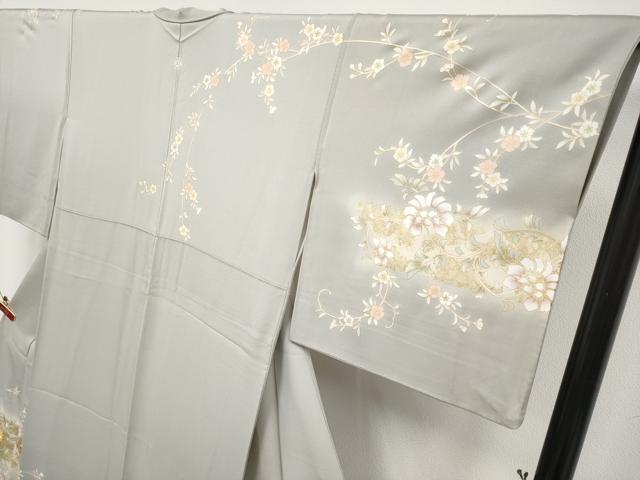 平和屋本店●極上　訪問着　駒刺繍　更紗花唐草文　暈し染め　金彩　茶鼠色地　逸品　CYAA4897s6