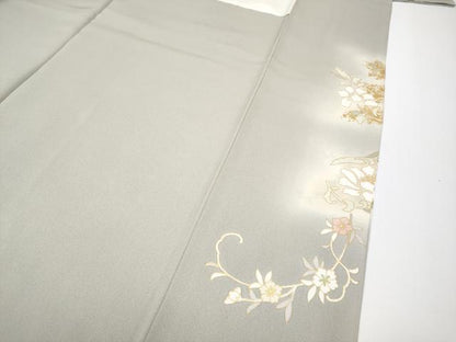 平和屋本店●極上　訪問着　駒刺繍　更紗花唐草文　暈し染め　金彩　茶鼠色地　逸品　CYAA4897s6