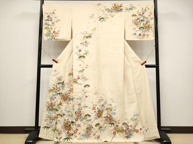 平和屋本店●極上　訪問着　駒刺繍　花籠文　金彩　薄香色地　逸品　CYAA4898s6
