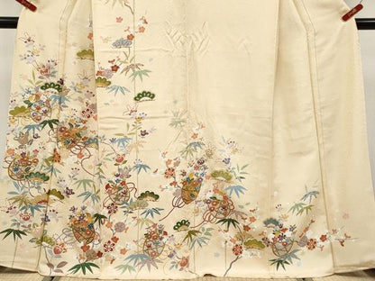 平和屋本店●極上　訪問着　駒刺繍　花籠文　金彩　薄香色地　逸品　CYAA4898s6