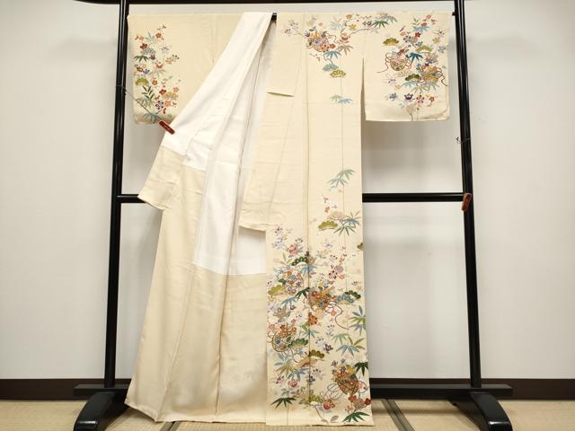 平和屋本店●極上　訪問着　駒刺繍　花籠文　金彩　薄香色地　逸品　CYAA4898s6