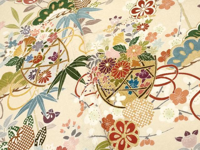 平和屋本店●極上　訪問着　駒刺繍　花籠文　金彩　薄香色地　逸品　CYAA4898s6