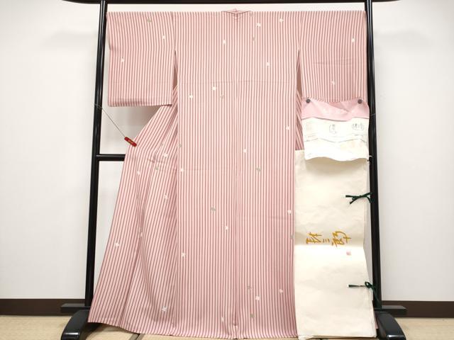 平和屋着物▽極上 世界的人形師 辻村寿三郎 ジュサブロー 小紋 単衣 格子 伊と幸 珊瑚色地 反端・たとう紙付き 逸品 CYAA4902s6