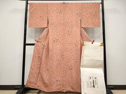 平和屋本店●極上　銀座　志ま亀　小紋　型染め　椿　曙色地　鬼しぼ縮緬　たとう紙付き　逸品　未使用　CYAA4903s6