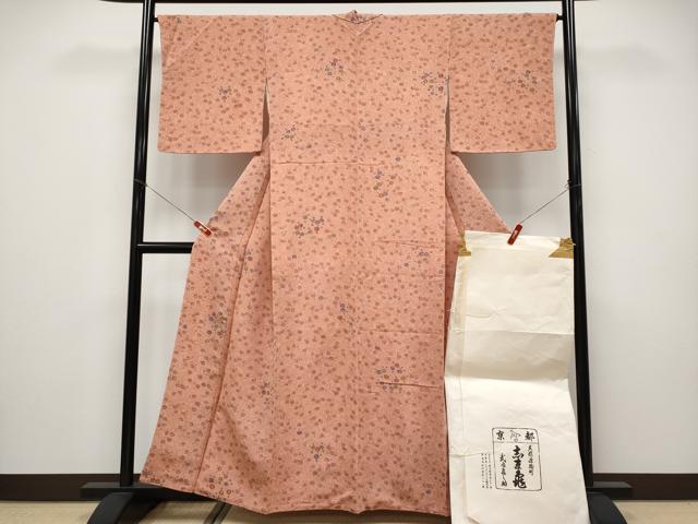 平和屋本店●極上　銀座　志ま亀　小紋　型染め　椿　曙色地　鬼しぼ縮緬　たとう紙付き　逸品　未使用　CYAA4903s6
