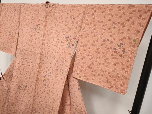 平和屋本店●極上　銀座　志ま亀　小紋　型染め　椿　曙色地　鬼しぼ縮緬　たとう紙付き　逸品　未使用　CYAA4903s6
