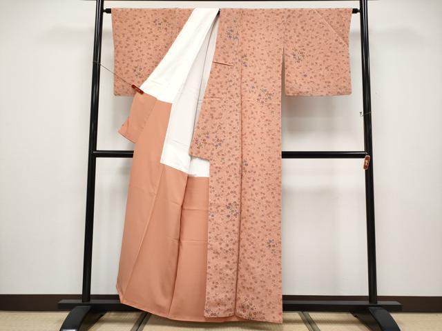 平和屋本店●極上　銀座　志ま亀　小紋　型染め　椿　曙色地　鬼しぼ縮緬　たとう紙付き　逸品　未使用　CYAA4903s6