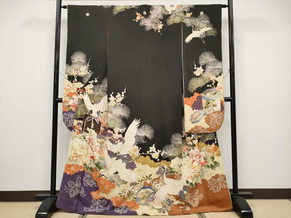 平和屋本店●極上　アンティーク　大正ロマン　中国三大刺繍　相良刺繍　振袖　飛鶴貝桶花文　黒地　逸品　CYAA4904s6